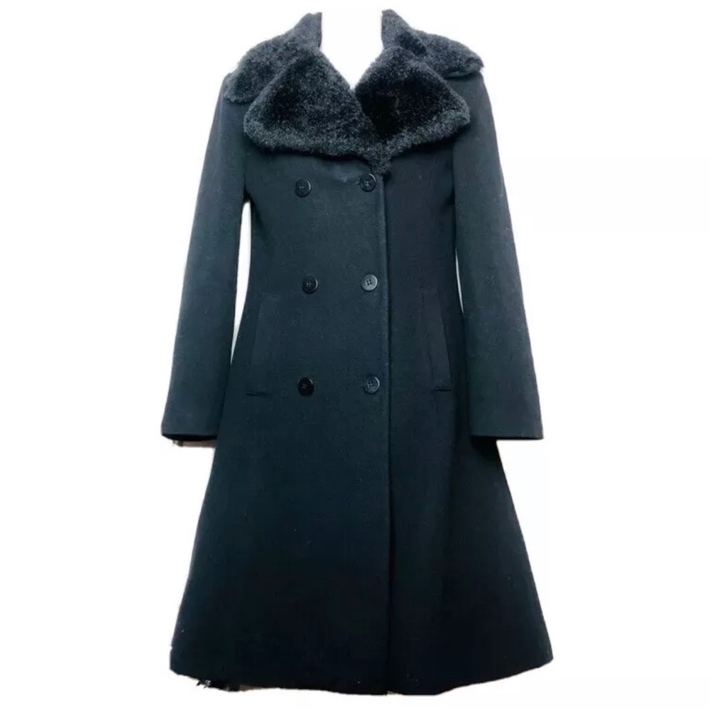 Barneys New York Long Peacoat Faux Fur Trim S/M